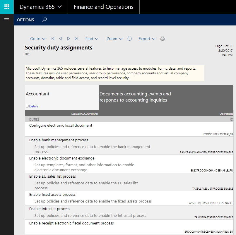 security duty assignment report d365