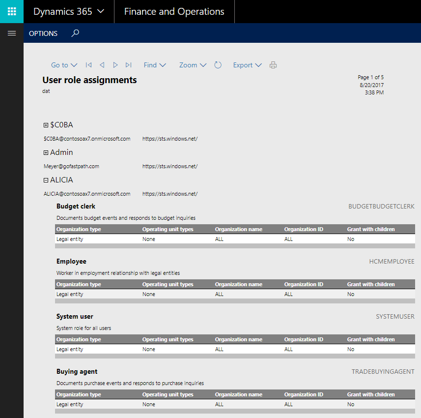 user role assignment report d365